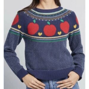 ~ ModCloth Med Sweater* Apples Teacher Cotton Fair Isle Blue Red Retro Flaw